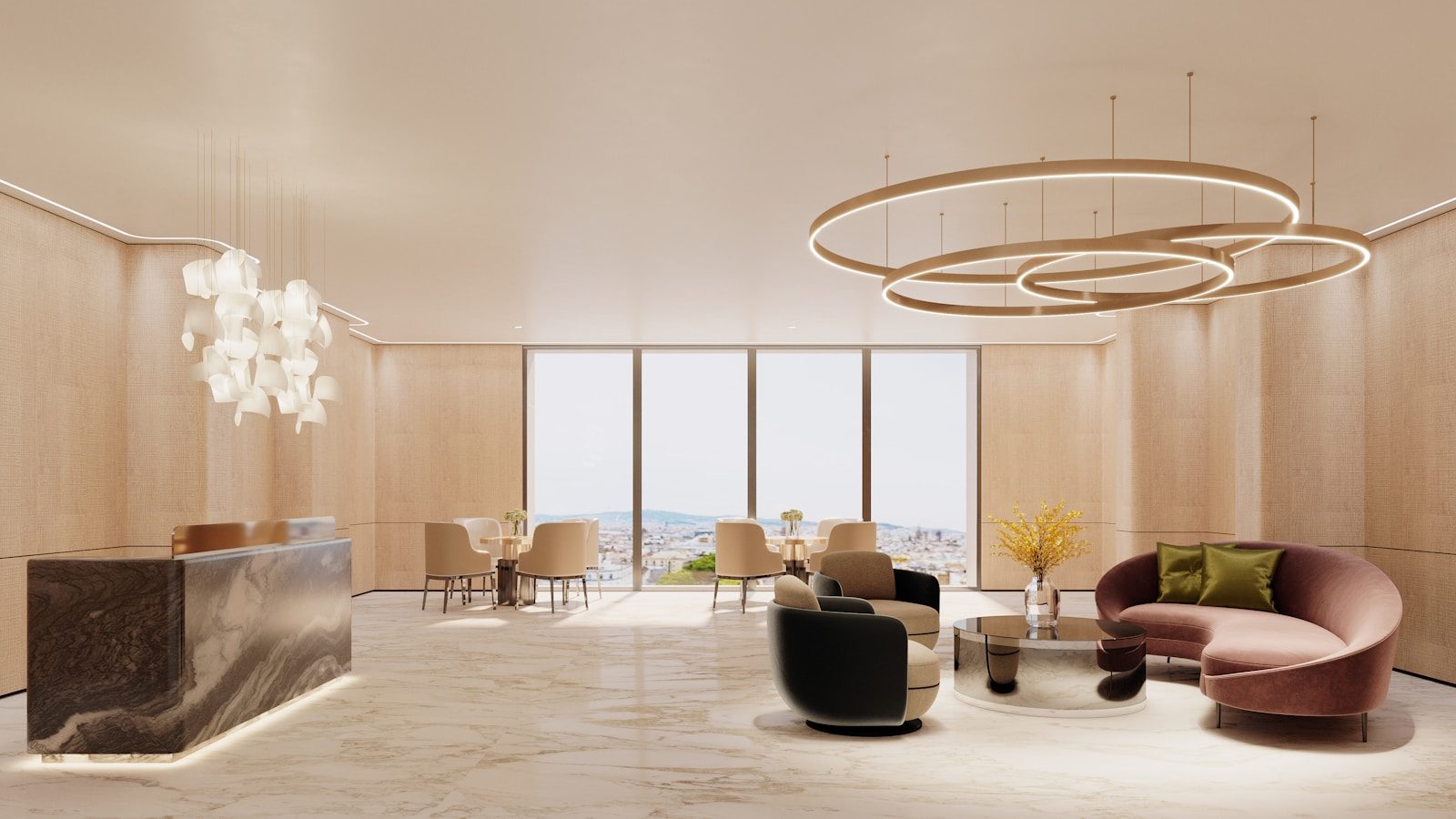 Modern lounge area with contemporary furniture and large windows.